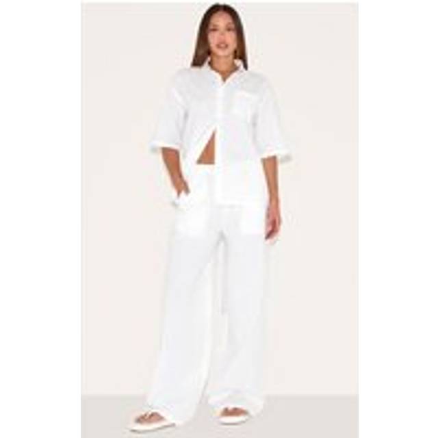 Tall White Linen Look Wide Leg Trousers, White - 8