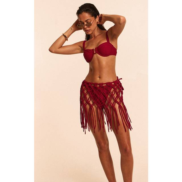 Burgundy Macrame Tassel Mini Beach Skirt, Red - XS