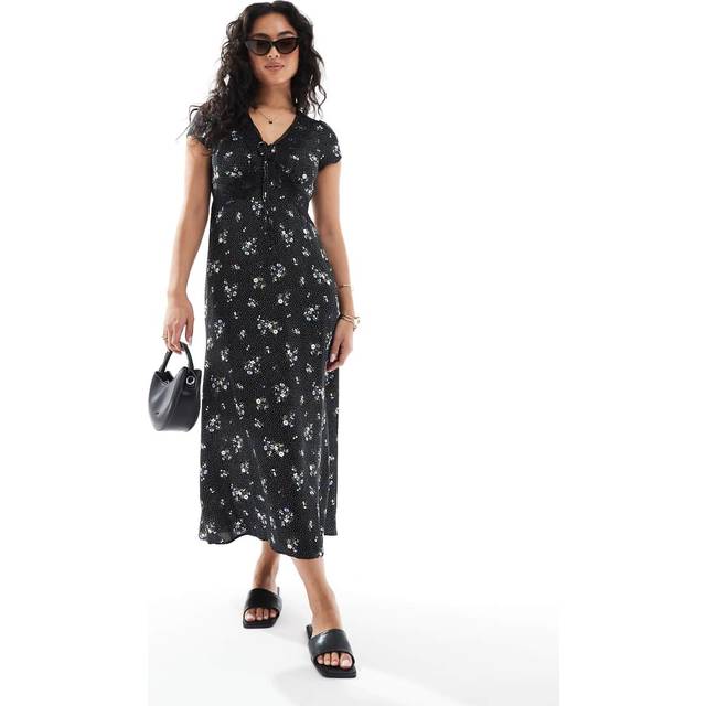 New Look Women's Black Floral Print Lace Trim Midi Dress - UK 14