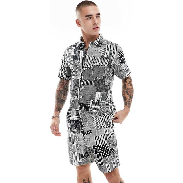 Farah Chiltern Archive Short Sleeve Printed Casual Fit Shirt - Black, Black, Size M, Men