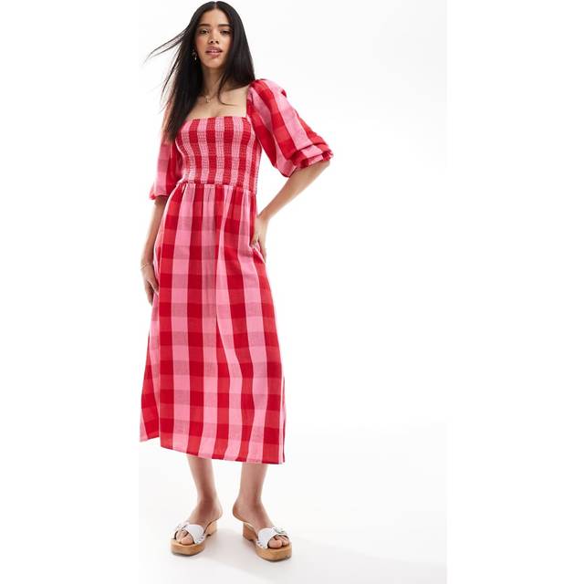 New Look Women's Pink Shirred Check Pattern Midi Dress - UK 14