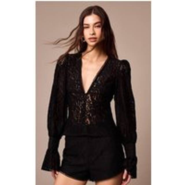 Black Sheer Lace Plunge Puff Sleeve Blouse, Black - 4
