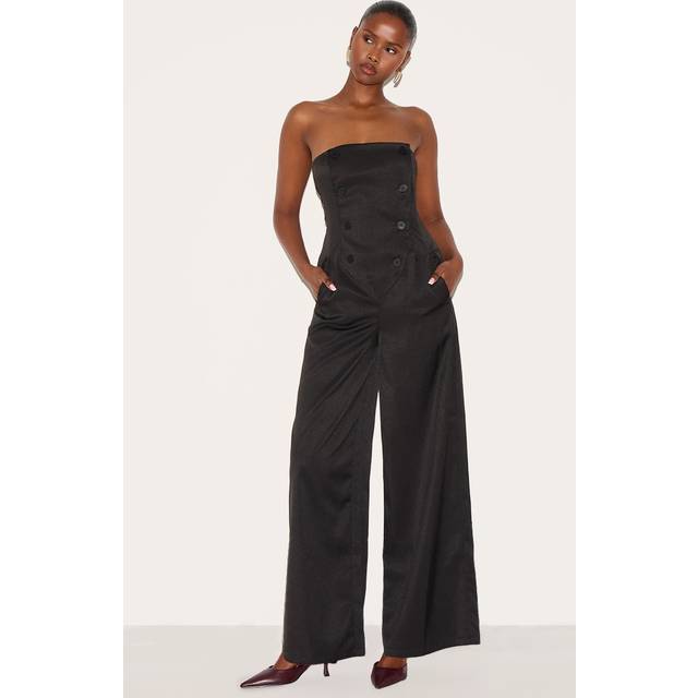 Black Tailored Woven Button Up Wide Leg Bandeau Jumpsuit, Black - 4