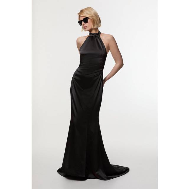 Premium Satin Halter Neck Tailored Maxi Dress - Black