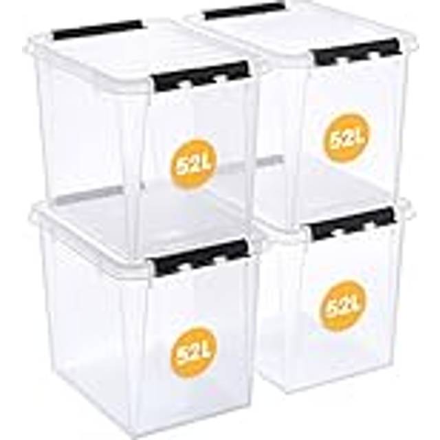 SmartStore 52 L stora plastförvaringslådor med lock, 4-pack, förstärkt, klar, 10 års garanti, livsmedelssäker, klämlåst, stapelbar och stapelbar, BPA-fri, L 50 x B 39 x H 41 cm