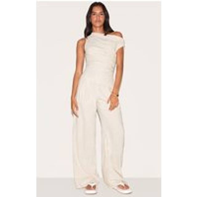 Stone Twist Sleeve Linen Ruched One Sleeve Jumpsuit, White - 12