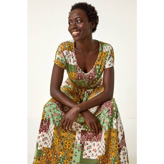 Stretch Patchwork Shirred Maxi Dress - Khaki - 10
