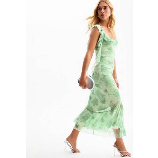 New Look Women's Green Frilly Trimmed Mesh Midi Dress - UK 12