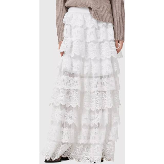 Lizi Lace Ruffle Skirt - Chalk White - Founded in London in 1994, AllSaints has been crafting iconic leather pieces for decades. As well as statement jackets, biker boots, and accessories, the brand’s everyday items offer a dose of attitude with distressed detailing, daring prints and the signature Ramskull logo.
