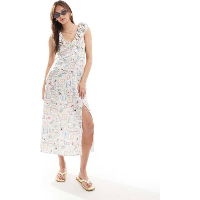 New Look Women's Multicoloured Tile Print Ruffled Satin Midi Dress - UK 10