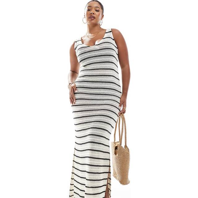 New Look Women's Plus Size Black Crochet Stripe Cover Up Maxi Dress Curves - UK 22
