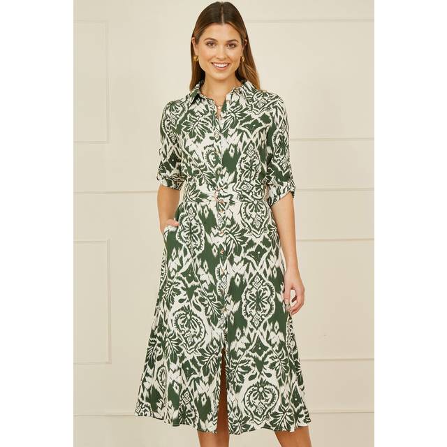 Yumi Geometric Ikat Shirt Dress, Green/Cream