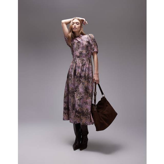 & Other Stories – Lila, abstrakt mönstrad midiklänning med puffärmar och smockat liv