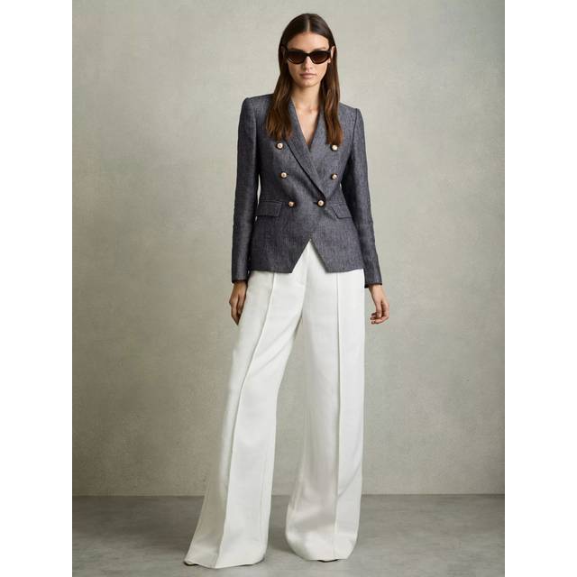 Reiss Petite Baker Linen Cotton Double-Breasted Blazer, Navy