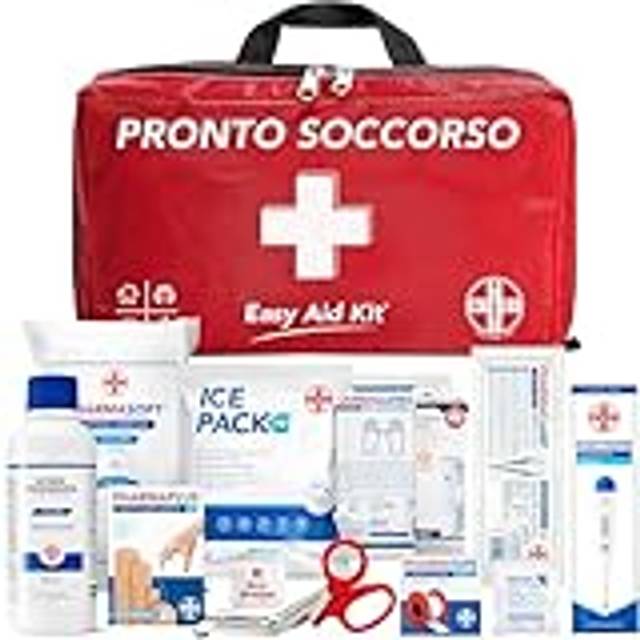 AIESI® Första Hjälpen Låda Professionell för bil hem resa båt motorcykel trekking med TERMOMETER och DESINFEKTIONSMEDEL, Komplett nödväska EASY AID KIT, Made in Italy