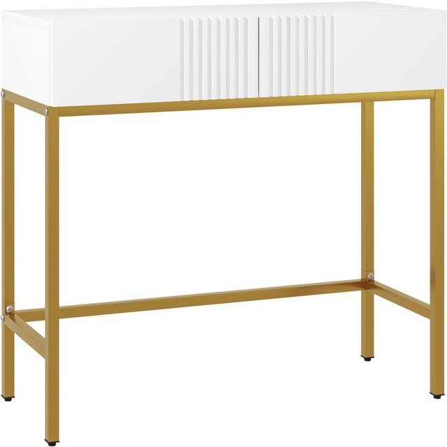 HOMCOM Konsolbord, möbelkonsol, med 2 lådor, stålbas, ingångskonsol, med halkfria fötter, för entré, vardagsrum, vit