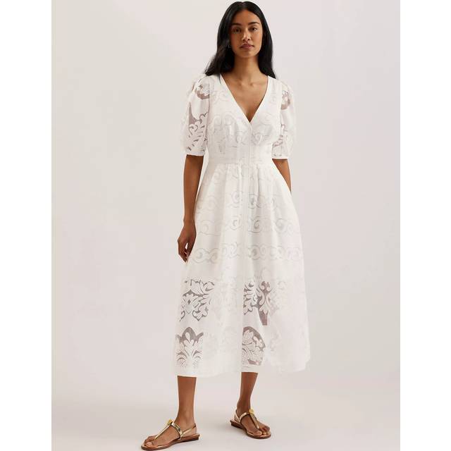 Ted Baker Agnel Lace Puff Sleeve Midi Dress, White