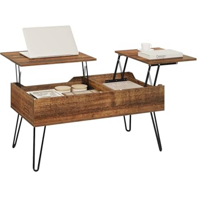 WOLTU Soffbord, höj- och sänkbart vardagsrumsbord, kaffebord, utdragbart soffbord, separat dolt förvaringsfack, dubbel lyftplatta, soffbord vintage, trämaterial, metall