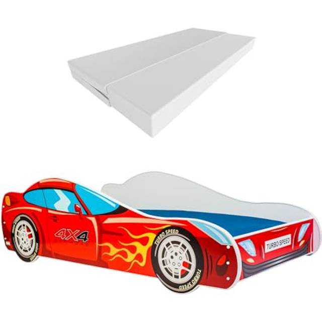 KOBI Bilsäng för barn | 4 x 4 bil | 70 x 140 cm | flerfärgad | Race off Road Car | Barnpojke flicka | med sängunderlag och madrass | hydda med barriär