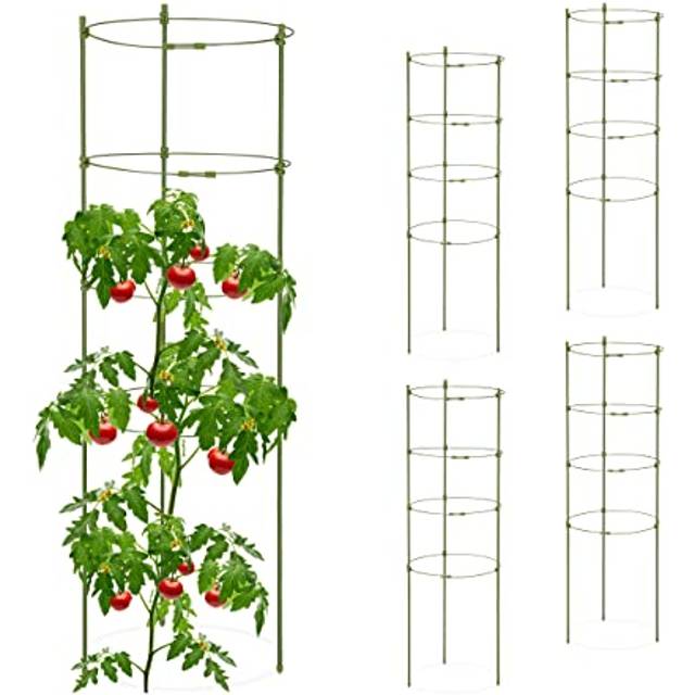 Relaxdays - Garden Trellis Set of 5, Metal & Plastic, HxØ: 90x28 cm, 4 Adjustable Rings, Tomatoes & Climbing Plants, Green