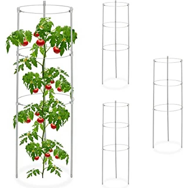 Relaxdays - Garden Trellis Set of 4, Metal & Plastic, HxØ: 60x22 cm, Support for Growing Tomatoes & Climbing Plants, Grey