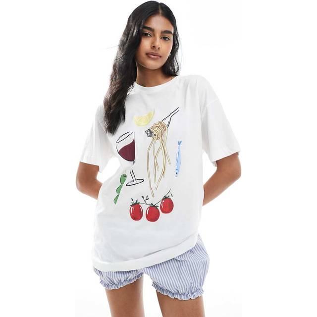 New Look Women's White Oversized Pasta and Wine Print T-Shirt - UK 8