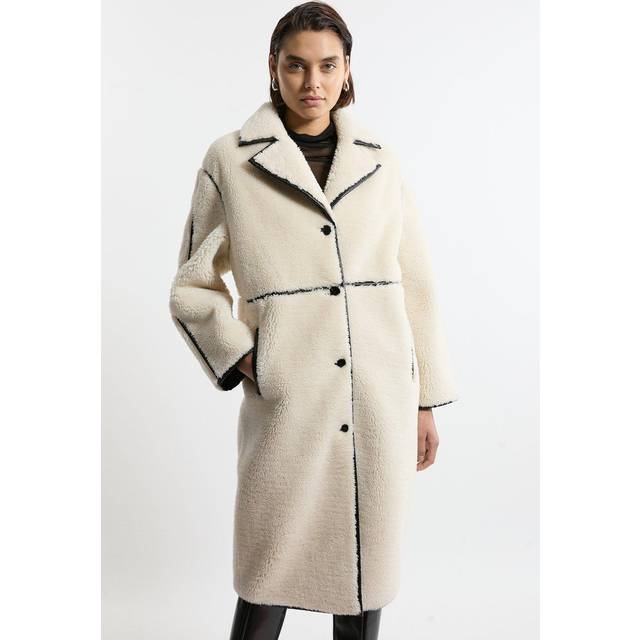 Faux Fur Pu Trim Longline Coat - Ivory