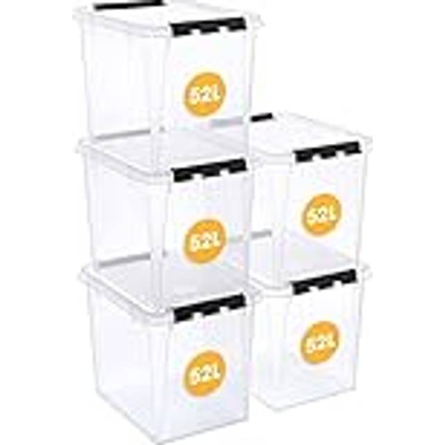 SmartStore 52 L stora plastförvaringslådor med lock, 5-pack, förstärkt, klar, 10 års garanti, livsmedelssäker, klämlåst, stapelbar och stapelbar, BPA-fri, L 50 x B 39 x H 41 cm