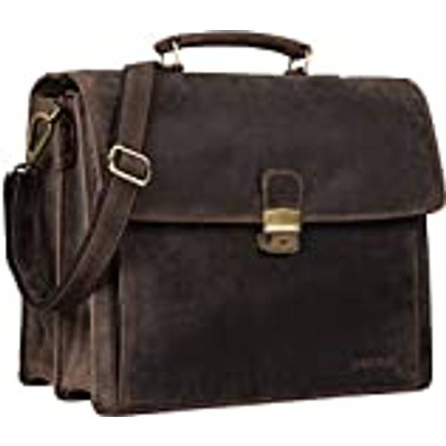 STILORD "Noel" portfölj läder män vintage klassisk arbetsväska för affärskontor axelväska laptopväska 33,3 cm med vagnhylsa, Mörk – brun, L