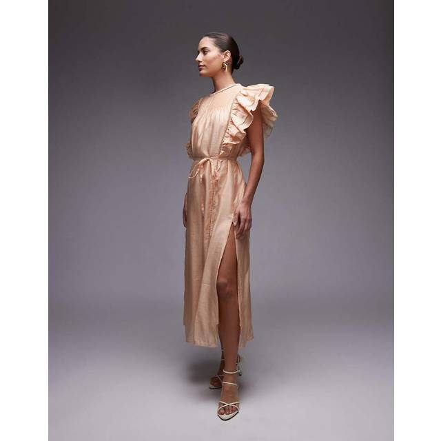 & Other Stories – Beige midaxiklänning med stråveckat liv och dubbla volangärmar-Naturlig