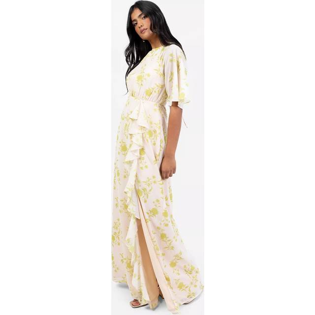 Anaya With Love Floral Shirred Back Ruffle Maxi Dress, Chartreuse