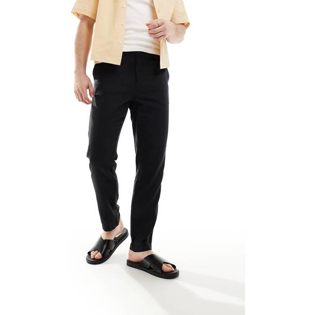 New Look Men's Black Regular Tapered Leg Linen Blend Trousers - 34R