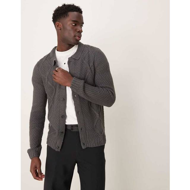 ASOS DESIGN – Mörkgrå, flätstickad kofta med krage-Grå/a