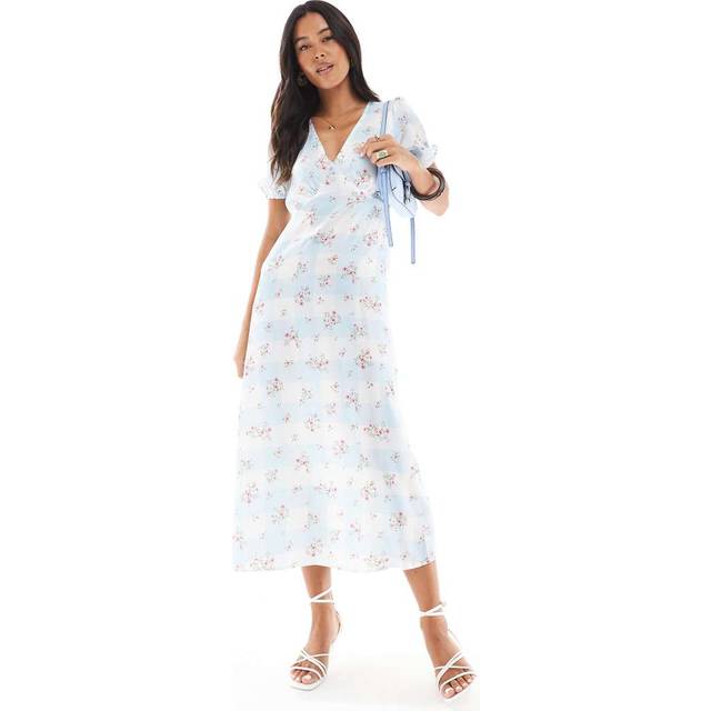 New Look Women's Blue Checked Floral Print Satin Midi Dress - UK 16