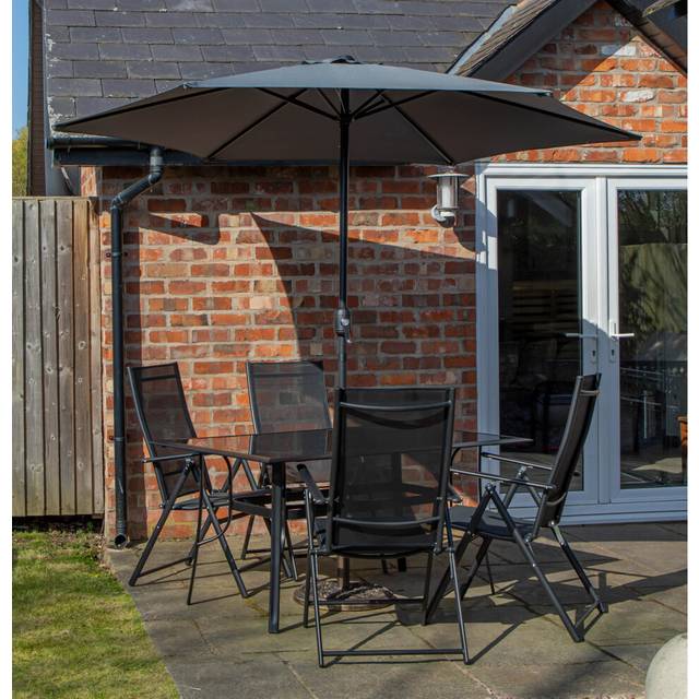 Outdoor 4 Person Rectangular Glass Top Garden Dining Table Chairs With Grey Havana Parasol & Base