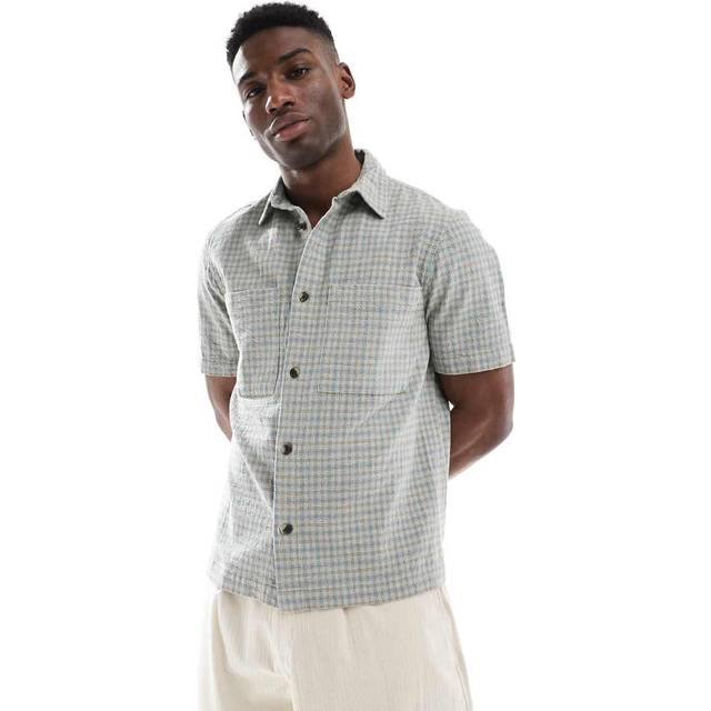 River Island Short Sleeve Check Shirt - Blue, Blue, Size M, Men