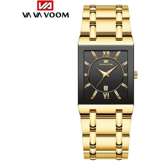 (gold,black) Va Va Voom Men Business Watch Simple Design Luxury Fashion Rectangular Black Gold Stainless Steel Calendar Waterproof Quartz Men's W