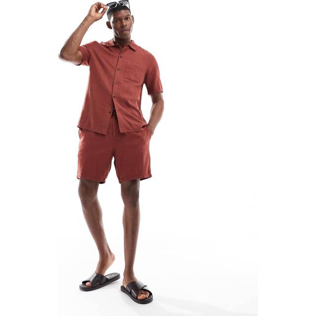 New Look Men's Rust Regular Pleated Linen Blend Shorts - 34R