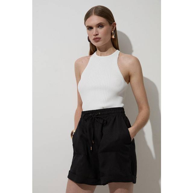 Viscose Linen Tie Waist Woven Short - Black