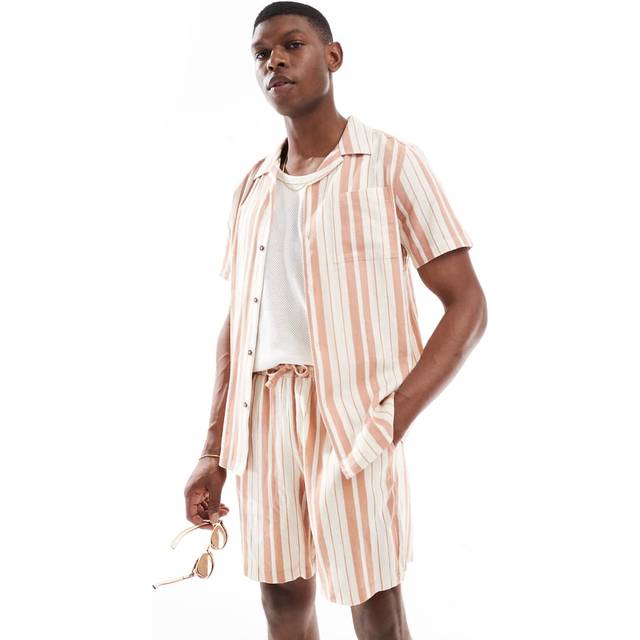 New Look Men's Rust/Stone Regular Striped Linen Blend Shirt - M