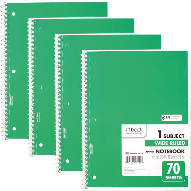 Mead Spiral Notebooks  1 Subject  Wide Ruled Paper  70 Sheets  10-1/2 x 7-1/2 inches  Green  4 Pack (38300)