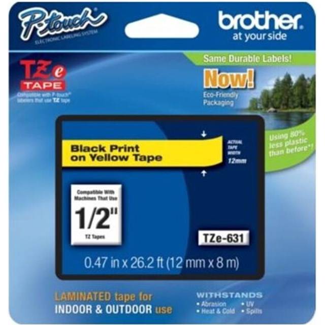 Brother  TZe Standard Adhesive Laminated Labeling Tape  1/2w  Black on Yellow