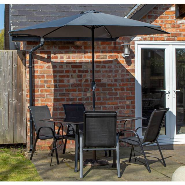 Samuel Alexander 4 Person Rectangular Glass Top Dining Table Chairs With Grey Havana Parasol and Base Set, Black