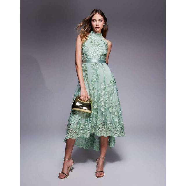 Halter Neck Lace High And Low Dress - Sage Green by Goddiva - 14