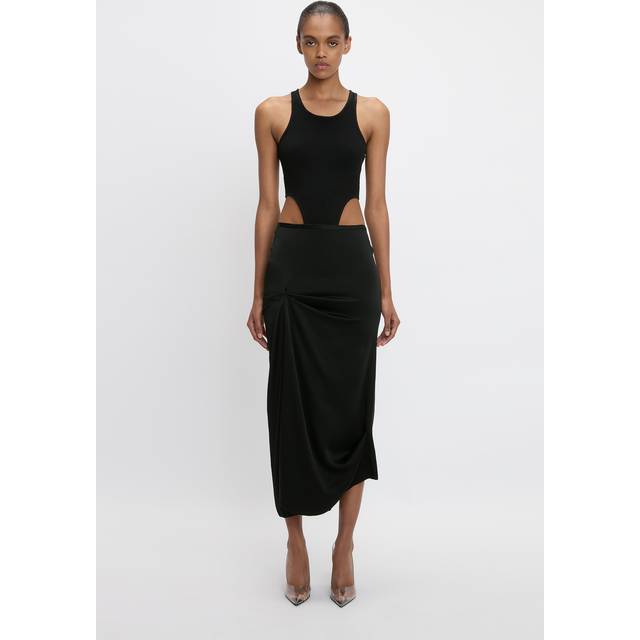 Draped Pleat Satin Midi Skirt - BLACK - 10 UK (6 US)