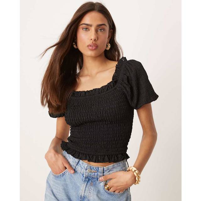 Gina Tricot-Puff sleeve frill top-blusar med puffärm-Svart-XS-Dam