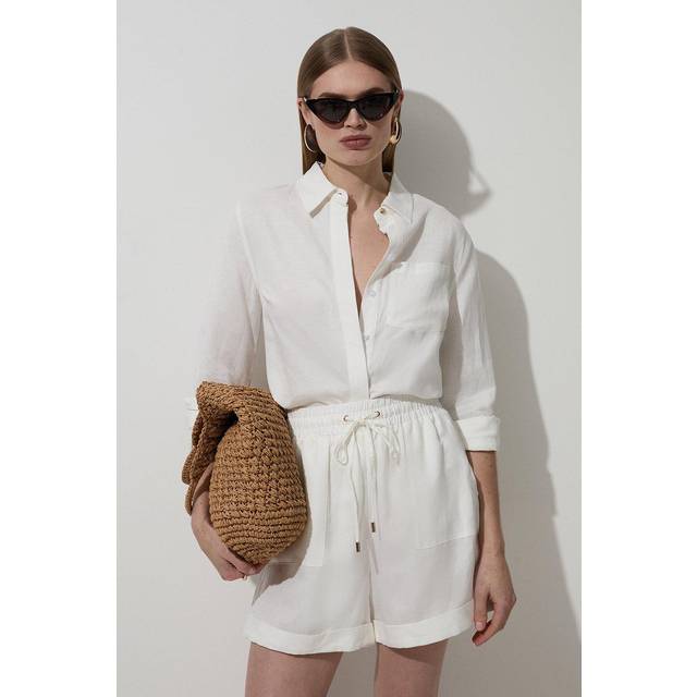 Viscose Linen Tie Waist Woven Short - White