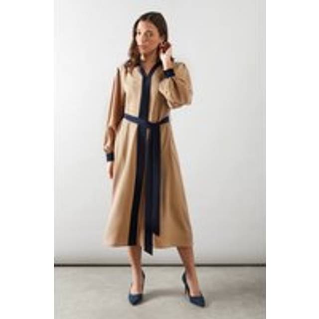 Womens Petite Contrast Belted Shirt Midi Dress - Camel - 16