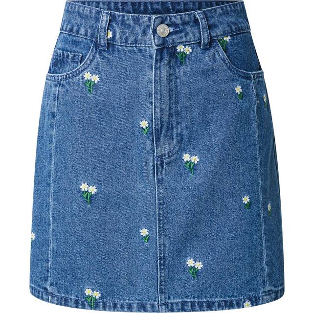 Pieces Pcfreia Hw Short Denim Skirt Medium Blue Denim Detail:flowe XS