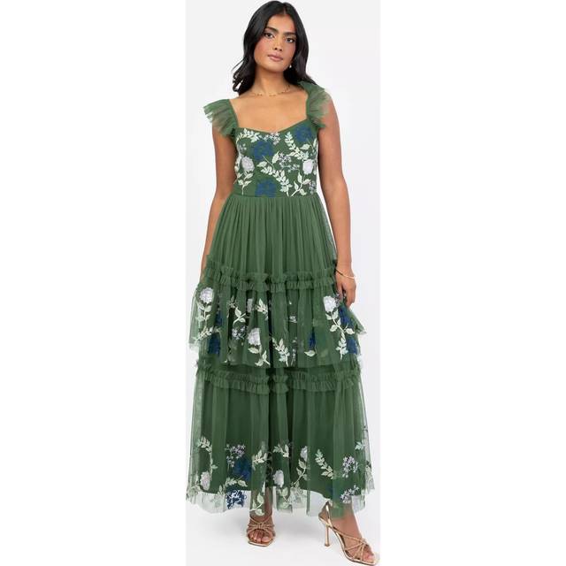 Maya Deluxe Embroidered Tulle Midaxi Dress, Mid Green